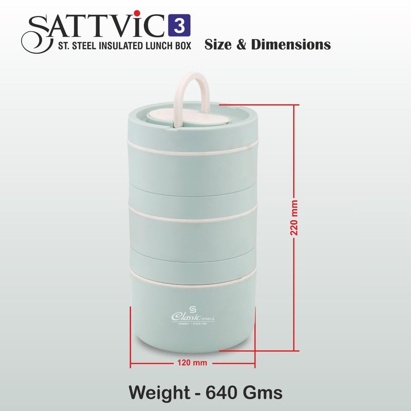 Classic Steels Sattvic Insulated Stainless Steel Lunch Box 2 Round Containers 350 ml Each 1 Round Container 550 ml 1 Foldable Spoon Microwave Safe Leak Proof Air Tight Lunch Box Hot Lunch Box - Image 2