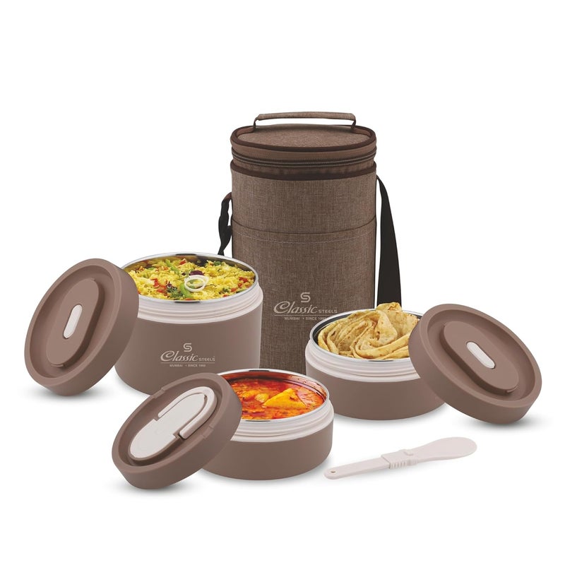 Classic Steels Sattvic Insulated Stainless Steel Lunch Box 2 Round Containers 350 ml Each 1 Round Container 550 ml 1 Foldable Spoon Microwave Safe Leak Proof Air Tight Lunch Box Hot Lunch Box - Image 1