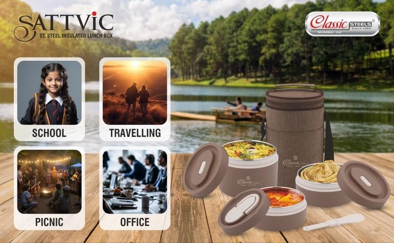 Classic Steels Sattvic Insulated Stainless Steel Lunch Box 2 Round Containers 350 ml Each 1 Round Container 550 ml 1 Foldable Spoon Microwave Safe Leak Proof Air Tight Lunch Box Hot Lunch Box - Image 5
