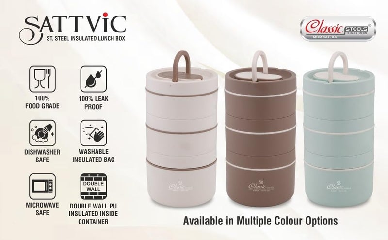 Classic Steels Sattvic Insulated Stainless Steel Lunch Box 2 Round Containers 350 ml Each 1 Round Container 550 ml 1 Foldable Spoon Microwave Safe Leak Proof Air Tight Lunch Box Hot Lunch Box - Image 4