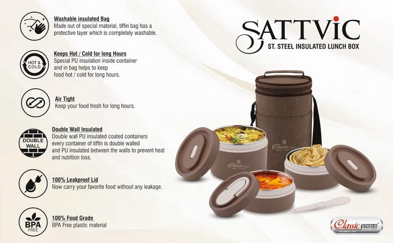 Classic Steels Sattvic Insulated Stainless Steel Lunch Box 2 Round Containers 350 ml Each 1 Round Container 550 ml 1 Foldable Spoon Microwave Safe Leak Proof Air Tight Lunch Box Hot Lunch Box - Image 3
