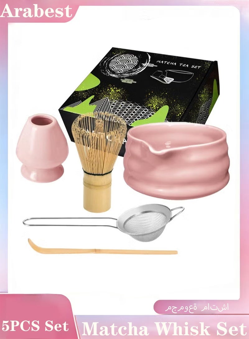 Arabest Pink Matcha Whisk Set for Women, 5PCS Set Matcha Set includes Matcha Whisk and Matcha Bowl with Spout, Matcha Sifter, Matcha Whisk Holder and Matcha Scoop, Bamboo Whisk for Matcha Tea - Image 1