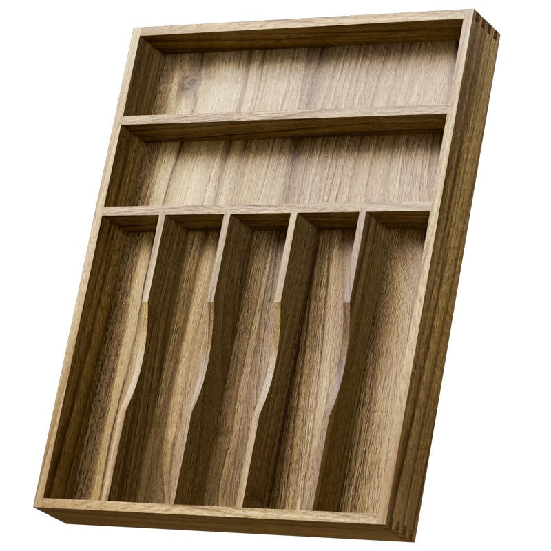 Kiasthome Acacia Wood Silverware Drawer Organizer, Kitchen Utensil Cutlery Drawer Organizer with Grooved Dividers, Flatware Organizer Silverware Tray Holder for Spoon, Fork, 13''x16.9'' (7 Slots) - Image 1