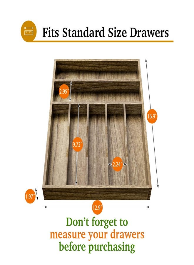 Kiasthome Acacia Wood Silverware Drawer Organizer, Kitchen Utensil Cutlery Drawer Organizer with Grooved Dividers, Flatware Organizer Silverware Tray Holder for Spoon, Fork, 13''x16.9'' (7 Slots) - Image 2