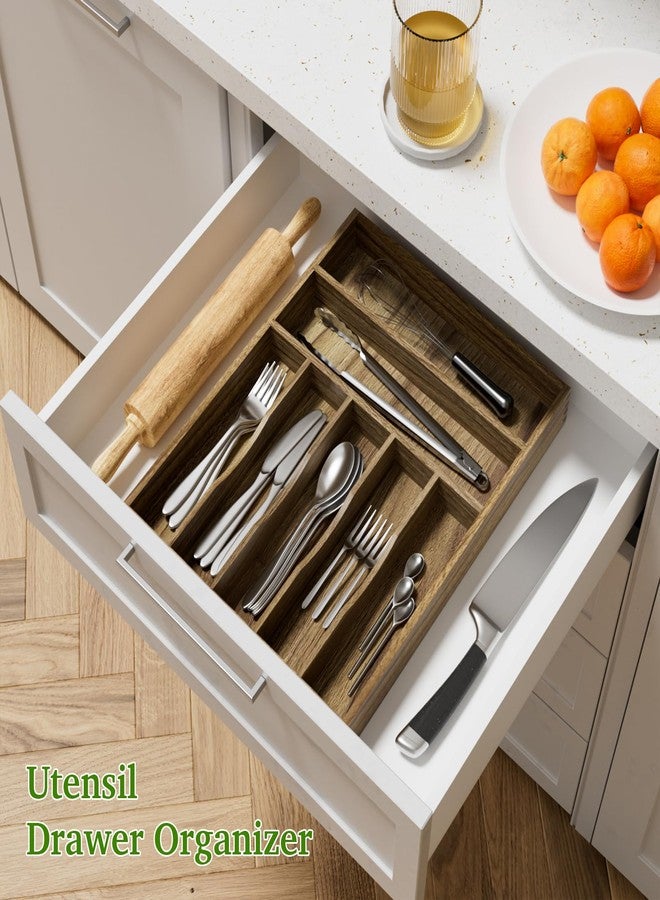 Kiasthome Acacia Wood Silverware Drawer Organizer, Kitchen Utensil Cutlery Drawer Organizer with Grooved Dividers, Flatware Organizer Silverware Tray Holder for Spoon, Fork, 13''x16.9'' (7 Slots) - Image 3