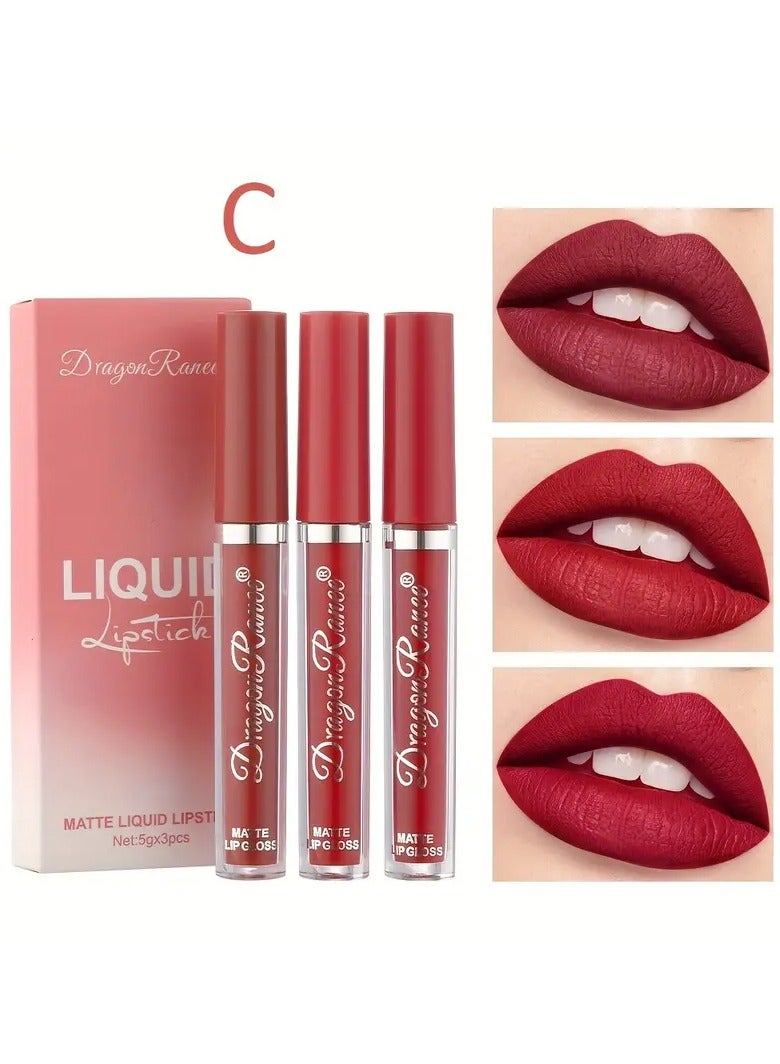 Dragon Ranee 3pcs lip gloss set velvet waterproof long-lasting nude brown European style lip gloss gift box - Image 1