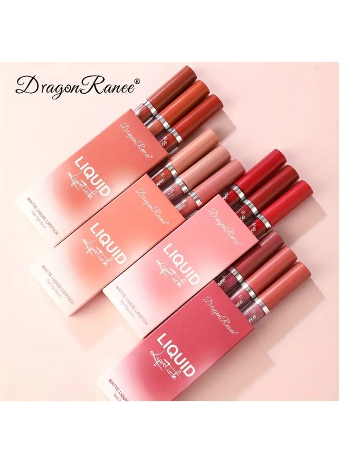 Dragon Ranee 3pcs lip gloss set velvet waterproof long-lasting nude brown European style lip gloss gift box - Image 3
