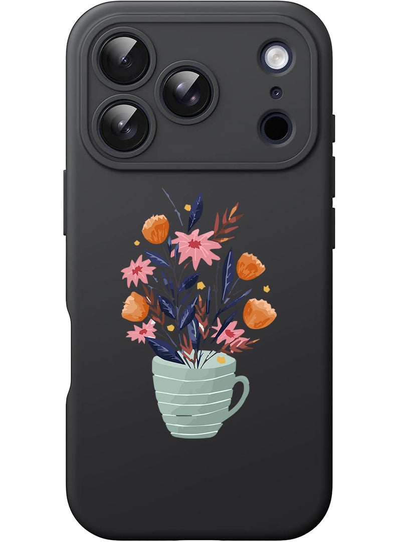 Theodor Protective Slim Fit Case Liquid Silicone Cover with Full Body Protection Anti-Scratch Shockproof Case For Apple iPhone 17 Pro Max (Black) Cup of Flower - Image 1