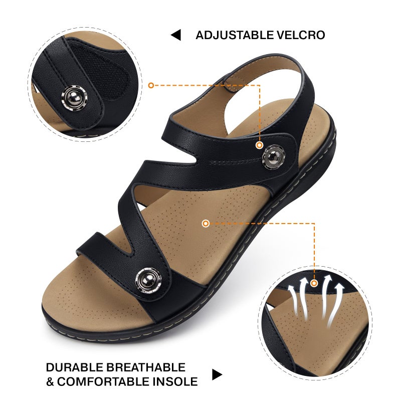 TEMOFON Womens Sandals Dressy Summer: Open Toe Comfortable Walking Flat - Arch Support Flat Sandals Woman Black Size 8 - Image 4