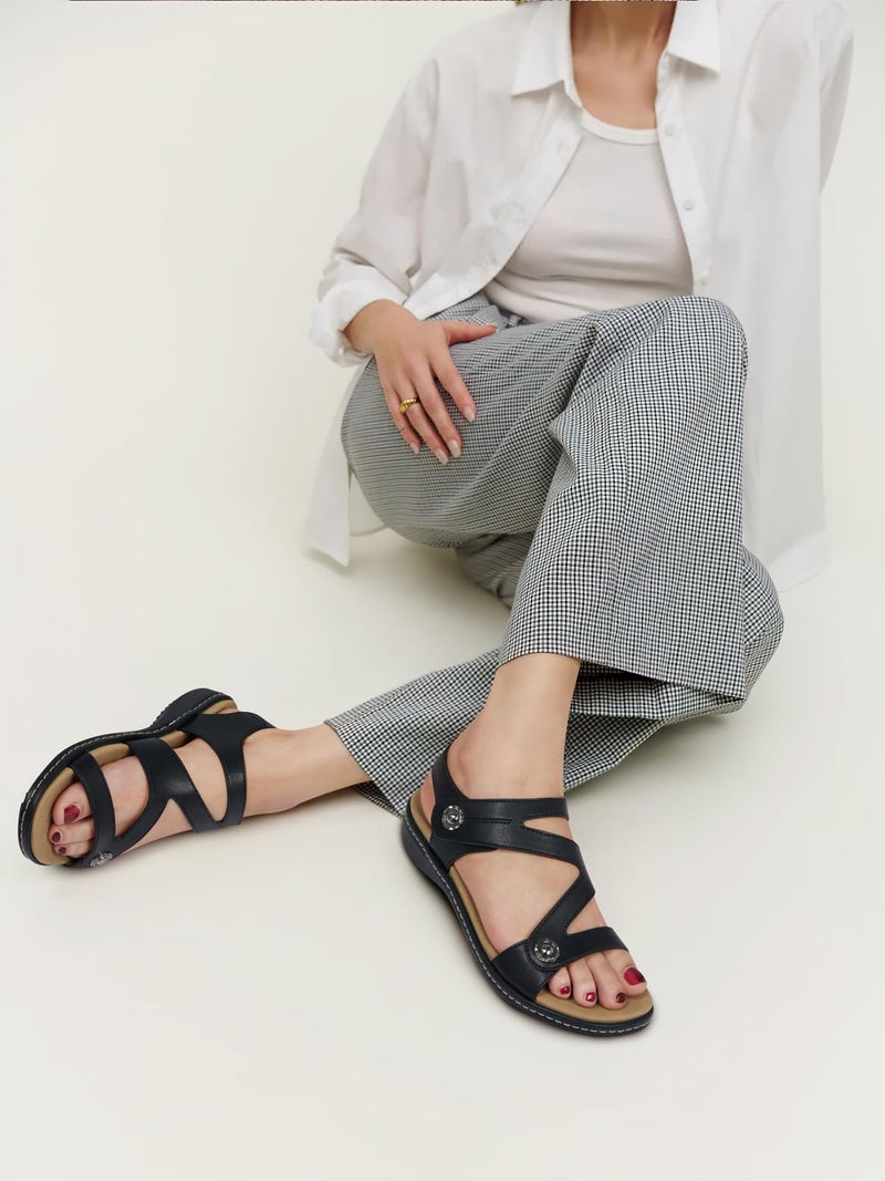 TEMOFON Womens Sandals Dressy Summer: Open Toe Comfortable Walking Flat - Arch Support Flat Sandals Woman Black Size 8 - Image 2