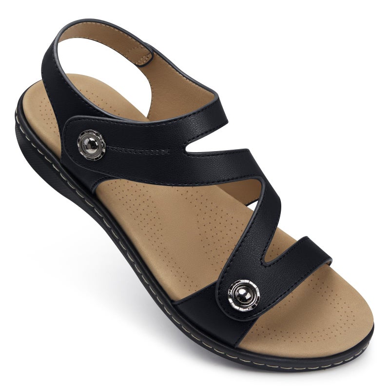 TEMOFON Womens Sandals Dressy Summer: Open Toe Comfortable Walking Flat - Arch Support Flat Sandals Woman Black Size 8 - Image 1