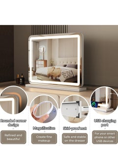Vparty LED Vanity Mirror with Touch Control, 32"x23" Large Makeup Mirror, 3-Color Dimmable Light, USB Charging, and Magnifying Glass (White)  - Image 4