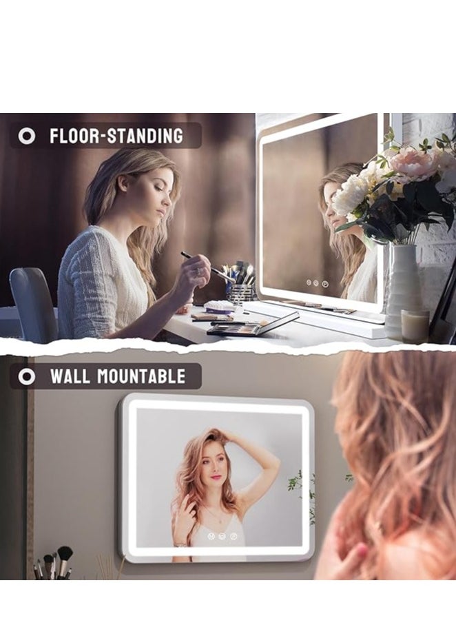 Vparty - LED Vanity Mirror with Touch Control, 32"x23" Large Makeup Mirror, 3-Color Dimmable Light, USB Charging, and Magnifying Glass (White) - Image 1