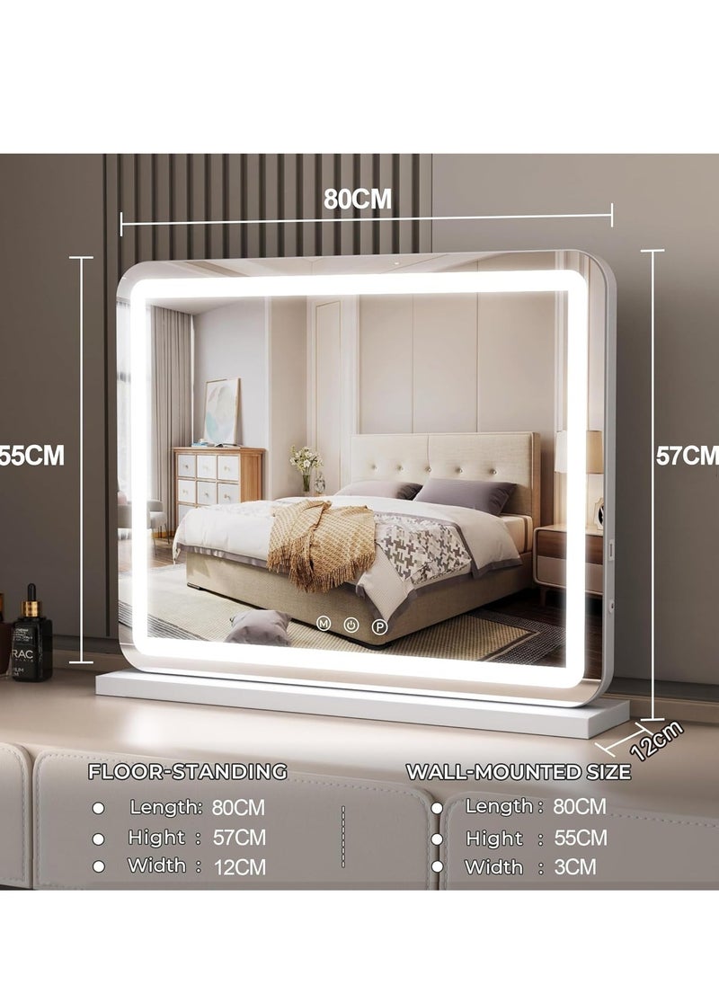 Vparty - LED Vanity Mirror with Touch Control, 32"x23" Large Makeup Mirror, 3-Color Dimmable Light, USB Charging, and Magnifying Glass (White) - Image 1