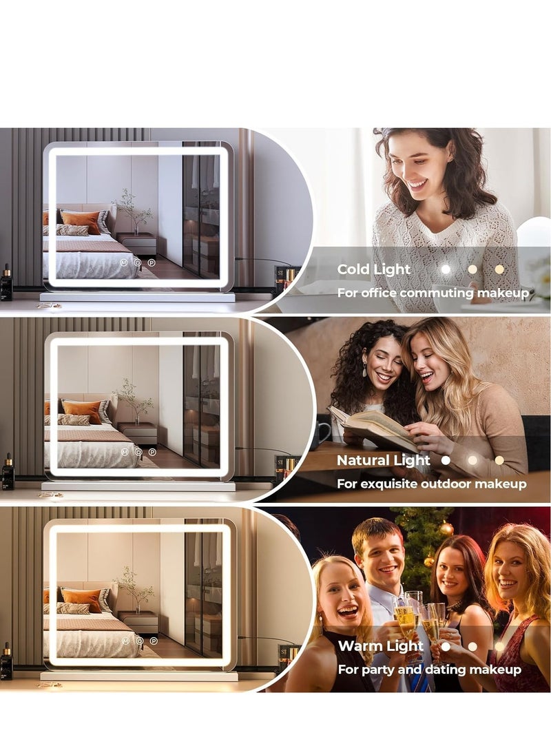 Vparty - LED Vanity Mirror with Touch Control, 32"x23" Large Makeup Mirror, 3-Color Dimmable Light, USB Charging, and Magnifying Glass (White) - Image 1
