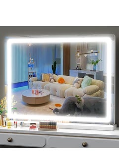 Vparty LED Vanity Mirror with Touch Control, 32"x23" Large Makeup Mirror, 3-Color Dimmable Light, USB Charging, and Magnifying Glass (White)  - Image 5