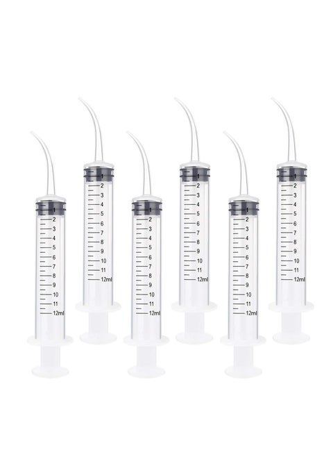 6 Pack 12ml with Curved Tip Dental Irrigation Syringe for Rinse Oral Care, Tonsil Stone Jet Liquid Injection, Oil, Glue, Lab Pet Feeding (with Clear Measurements)