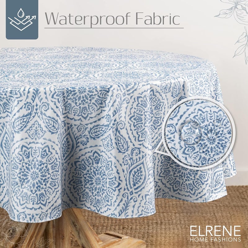 إلرين مناديل المائدة البلاستيكية المقاومة للماء والبقع من ماركة Home Fashions، نمط Savannah Boho Paisley، مصممة للاستخدام داخليًا وخارجيًا، بطبقة خلفية من القطن، مقاس 70×70 بوصة، على شكل دائري، بلون أزرق. - Image 2