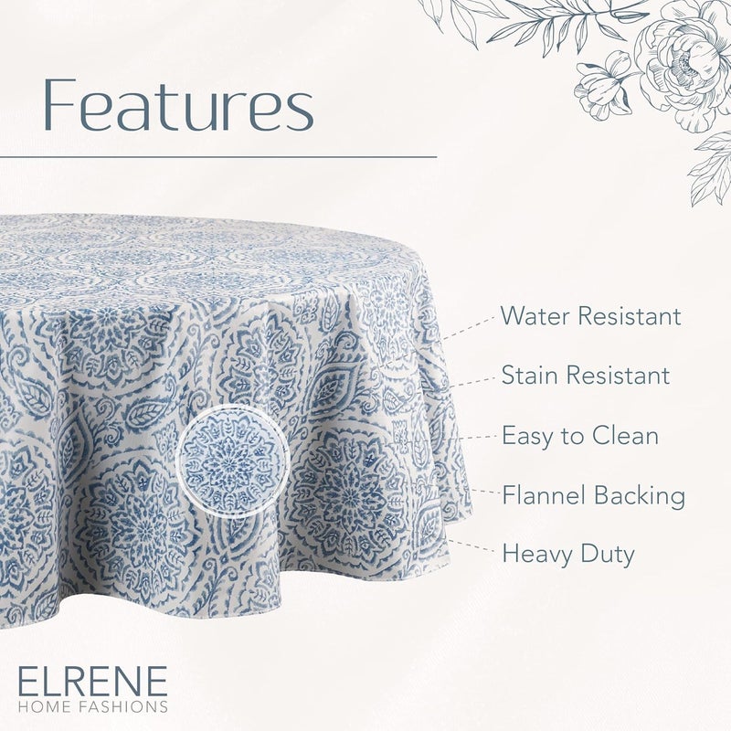 إلرين مناديل المائدة البلاستيكية المقاومة للماء والبقع من ماركة Home Fashions، نمط Savannah Boho Paisley، مصممة للاستخدام داخليًا وخارجيًا، بطبقة خلفية من القطن، مقاس 70×70 بوصة، على شكل دائري، بلون أزرق. - Image 4