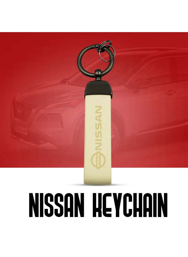 Nissan Car Key Chain Super Finish Metal Ring PU Leather Strap Keychain Home Key Chain Car Keychain NISSAN - 1Pcs Beige  - Image 1