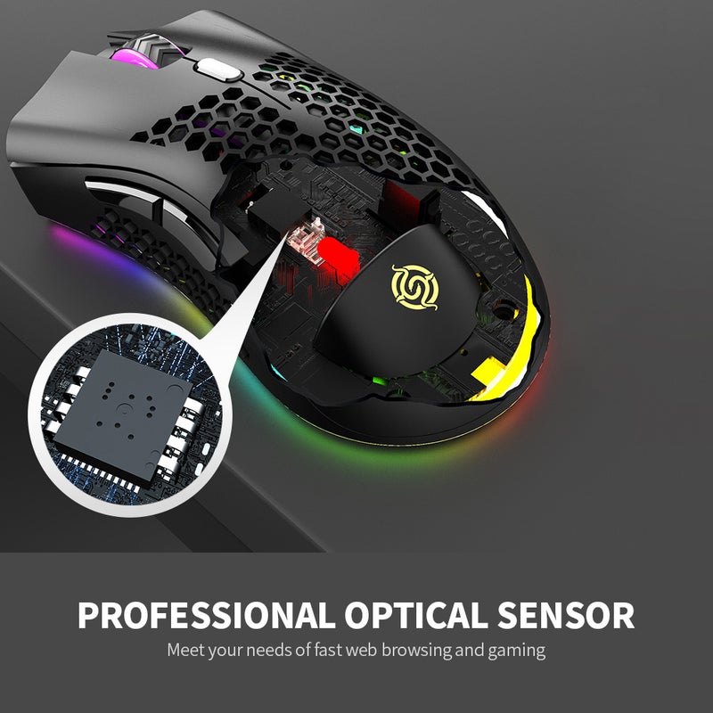 2.4G ألعاب لاسلكية قابلة لإعادة الشحن مع تأثير ضوء RGB و 3 مستويات قابلة للتعديل لـ DPI وتصميم مرجعي مجوف بخليط أخضر - Image 5