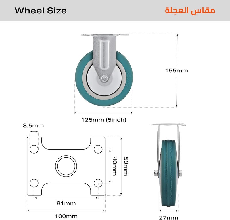 BMB Widely used design TOOLS 125mm Caster Wheels Set of 4 Heavy Duty, Rigid Casters Top Plate Fitting, Non Marking Grey Rubber Fixed Caster Wheels for Cart Furniture Industrial Use Comfort grip - Image 2