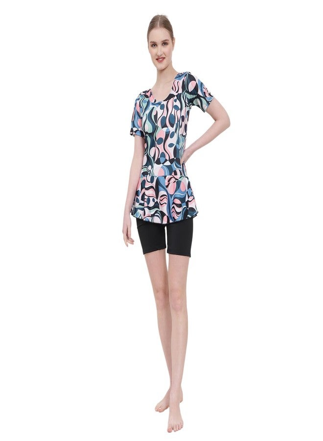 SHIFTER Designer Printed Swimming Costume for Women,One Piece Swim Suit for Ladies and Girls,Stretchable Fabric with Half Sleaves and Frock Style for Holidays, Beach and Pool (2XL, Designer-Print) - Image 1