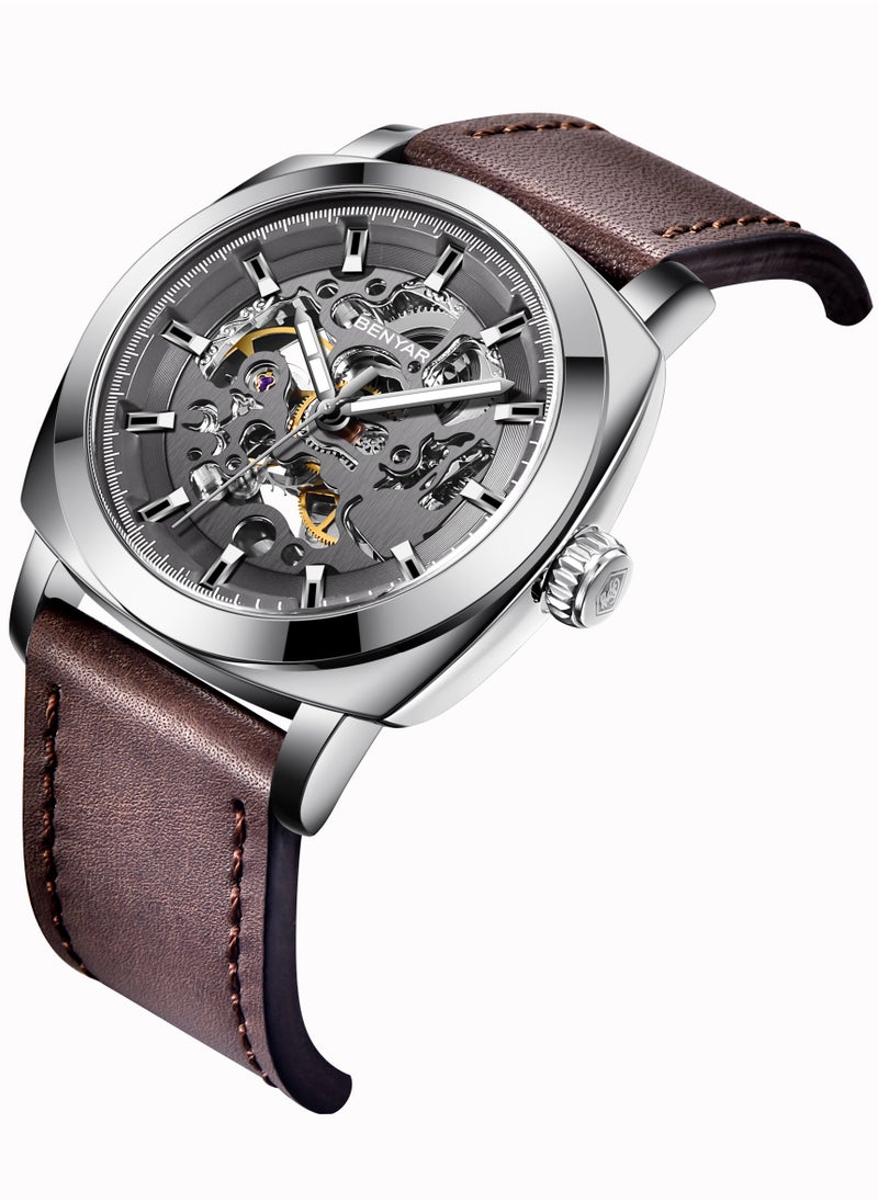 BENYAR Men's Luxury Analog Mechanical Automatic Watches, Waterproof Mechanical Skeleton, Brown Leather Strap Fashion Business Luxury BY5121  - Image 4