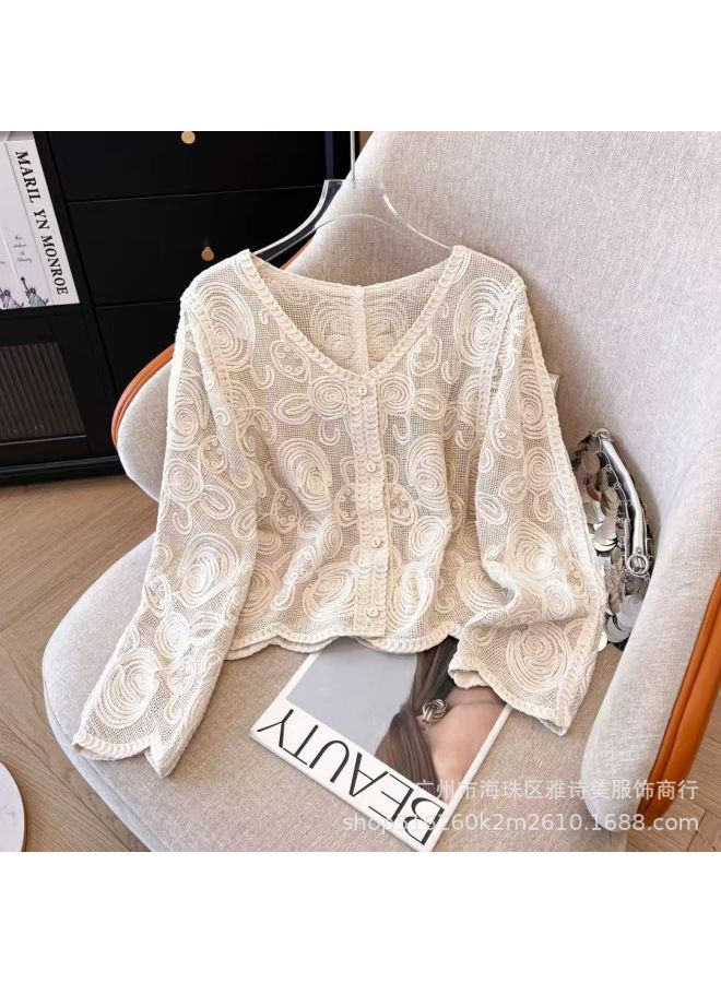 Apricot Women's Sweet Crochet Hollow V Neck Long Sleeve Short Knitted Cardigan