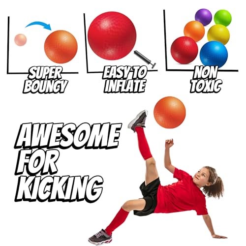 PlayBolt 10 Inch Kickball Playground Balls - (Pack of 6) Inflatable Rubber Indoor Outdoor Bouncy Balls for Adults & Kids - Dodgeballs, Kickballs, Four Square and Handballs for School, Gym, with Hand Pump - Image 5