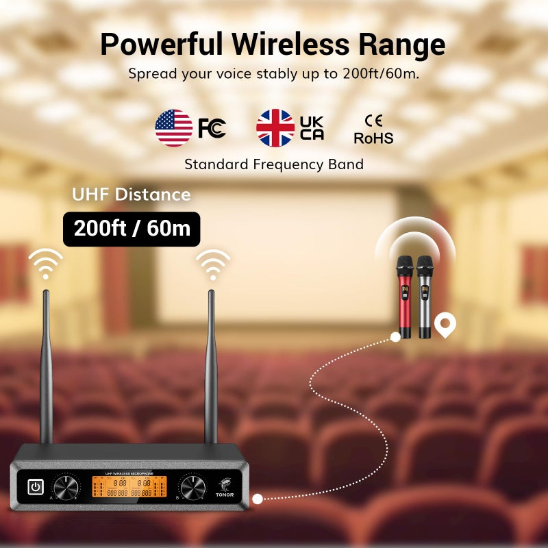 TONOR TONOR Wireless Microphone, Metal Dual Professional UHF Cordless Dynamic Mic Handheld Microphone System for Home Karaoke, Meeting, Party, Church, DJ, Wedding, Home KTV Set, 200ft, TW-820 Grey  - Image 3