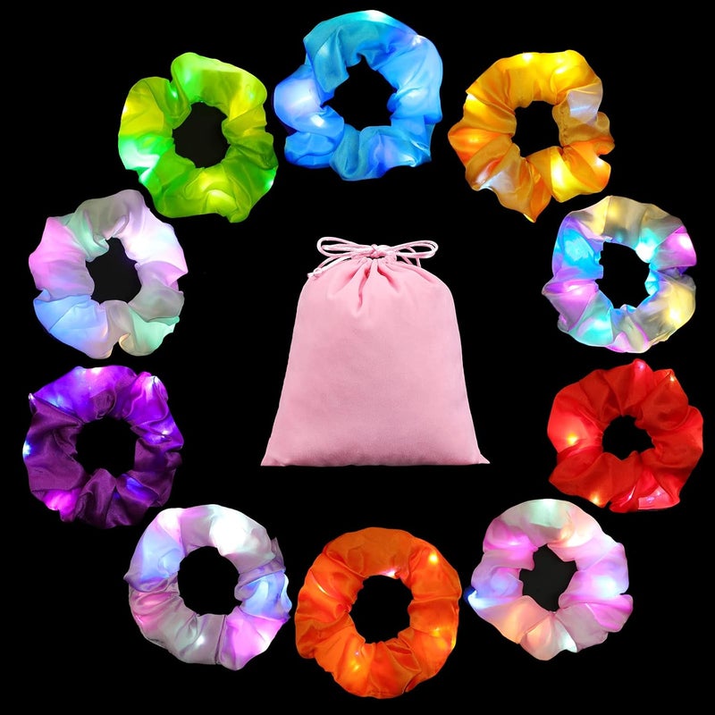 YL Mainland 10PCS LED Hair Scrunchies with Light Modes for Girls Premium Elastic Bands with Gift Bag  Glowing Hair Rings Great Holiday Headwear 