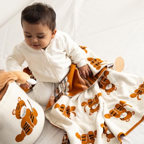 TIDY SLEEP 100% Cotton Knitted Blanket for New Born Baby, Soft and Breathable Quilt Wrapper for New Born Boy & Girl | Size 100 cm x 80 cm, 0 to 18 Month (Tiger Print) - Image 1