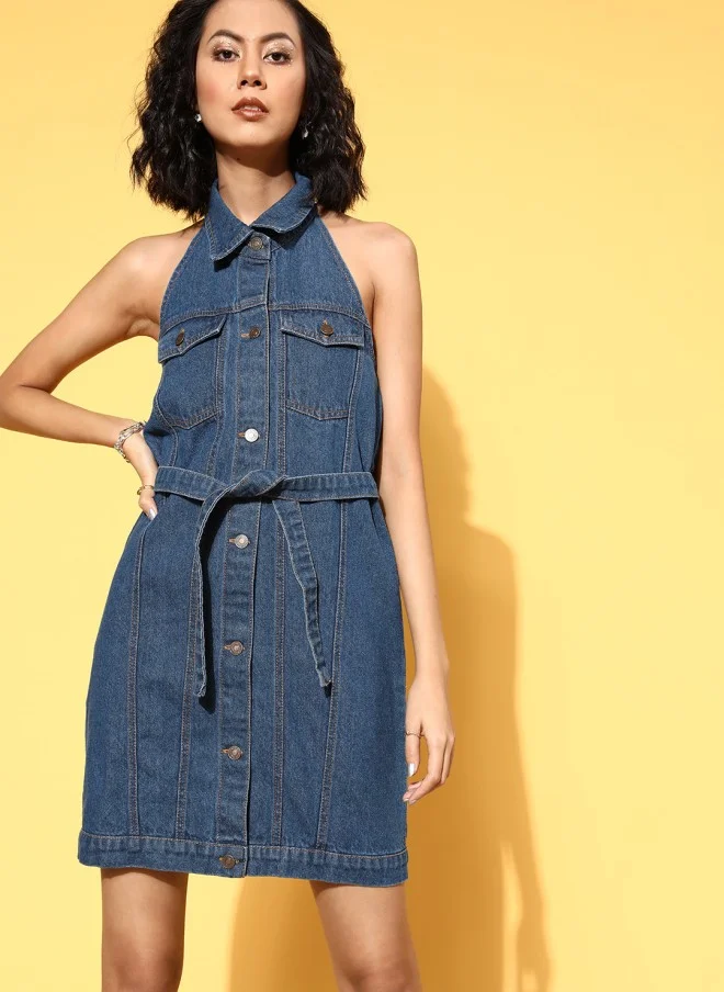 SASSAFRAS Blue Denim Halter Neck Dress for Women