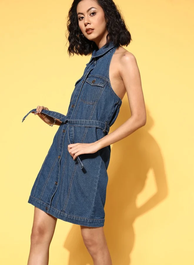 SASSAFRAS Blue Denim Halter Neck Dress for Women