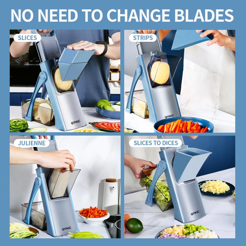 QYKIC Safe Mandoline Slicer for Kitchen, 5 in 1 Vegetable Chopper, Mandolin Potato Slicer with Thickness Adjuster, French Fry Cutter, Veggie Dicer Faster Kitchen Slicer for Meal Prep Blue - Image 4