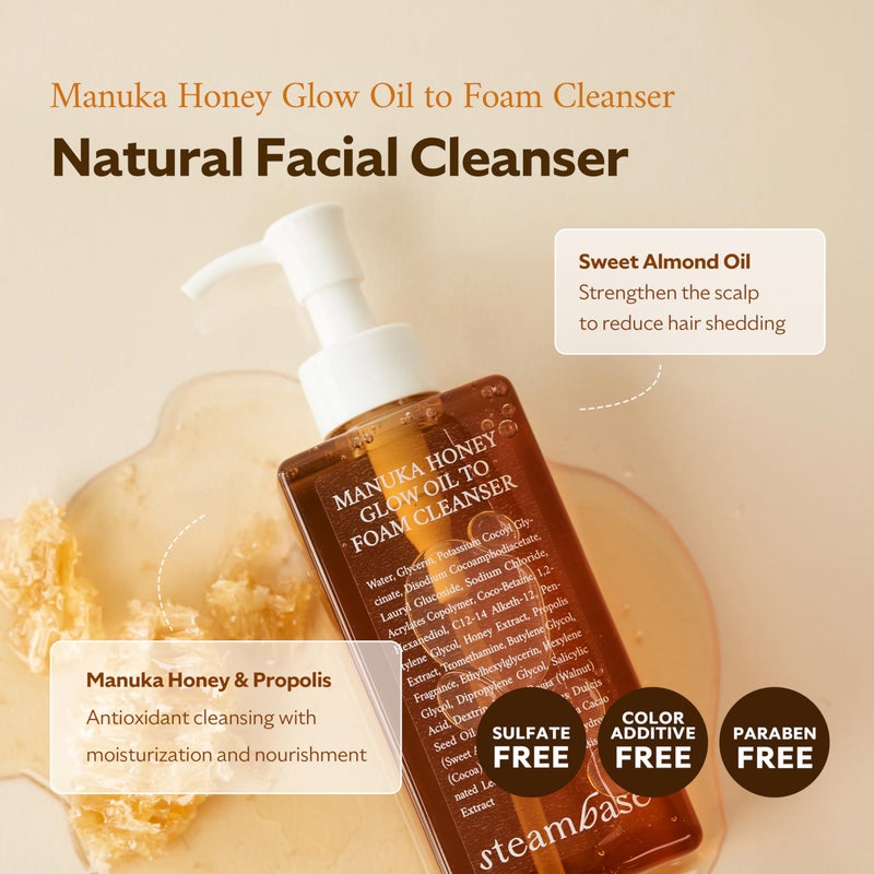 STEAMBASE Manuka Honey Glow Oil to Foam | Daily Makeup Remover and Cleanser, Hydrating Foaming Face Wash for Dry Skin, Double Cleanse | Korean Facial Oil Cleanser, 7.27 fl oz - Image 2