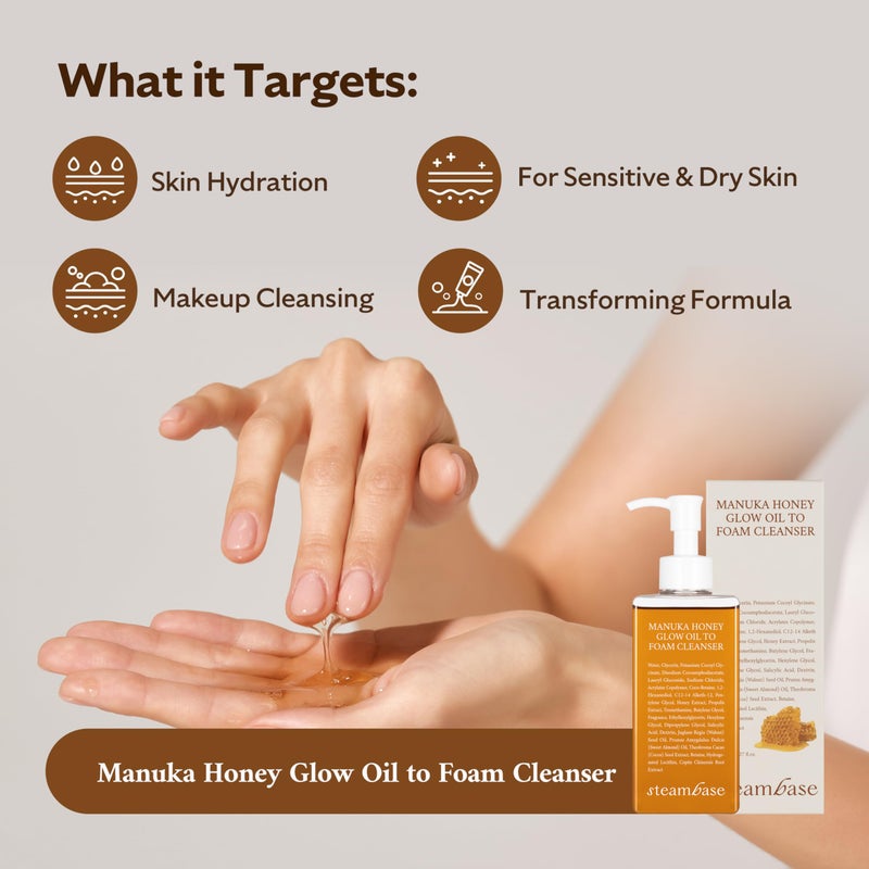 STEAMBASE Manuka Honey Glow Oil to Foam | Daily Makeup Remover and Cleanser, Hydrating Foaming Face Wash for Dry Skin, Double Cleanse | Korean Facial Oil Cleanser, 7.27 fl oz - Image 3