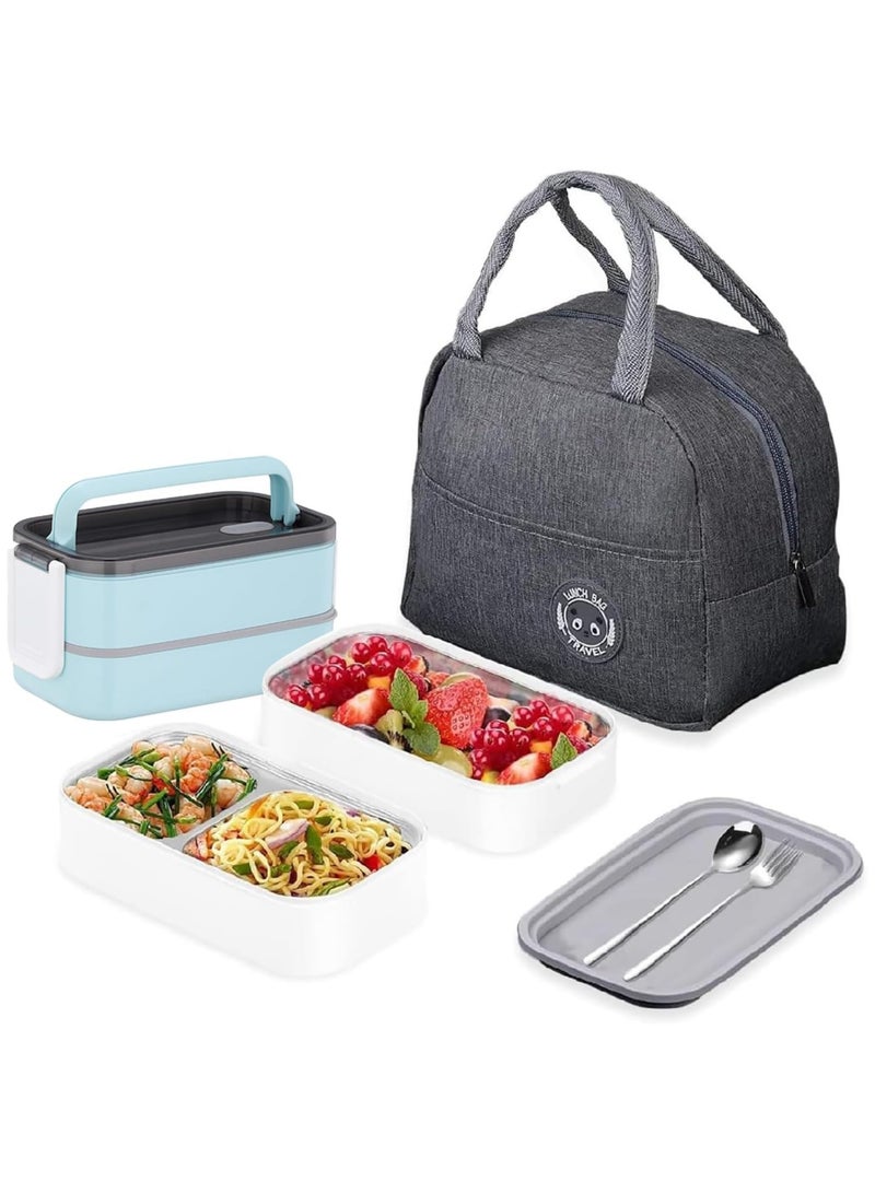 TOMSHOO Stainless Steel Lunch Box - Insulated Bento Box Multifunctional Containers Food Containers with 2 Compartments,Tableware, Nylon insulation bag (Blue) - Image 1
