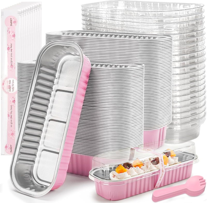 LOKQING 100 Pack Mini Loaf Pans with Lids Rectangle Individual Cake Pans Aluminum Foil Pans for Large Gatherings Picnics Vacations Parties(Pink, 6.8 OZ) - Image 1