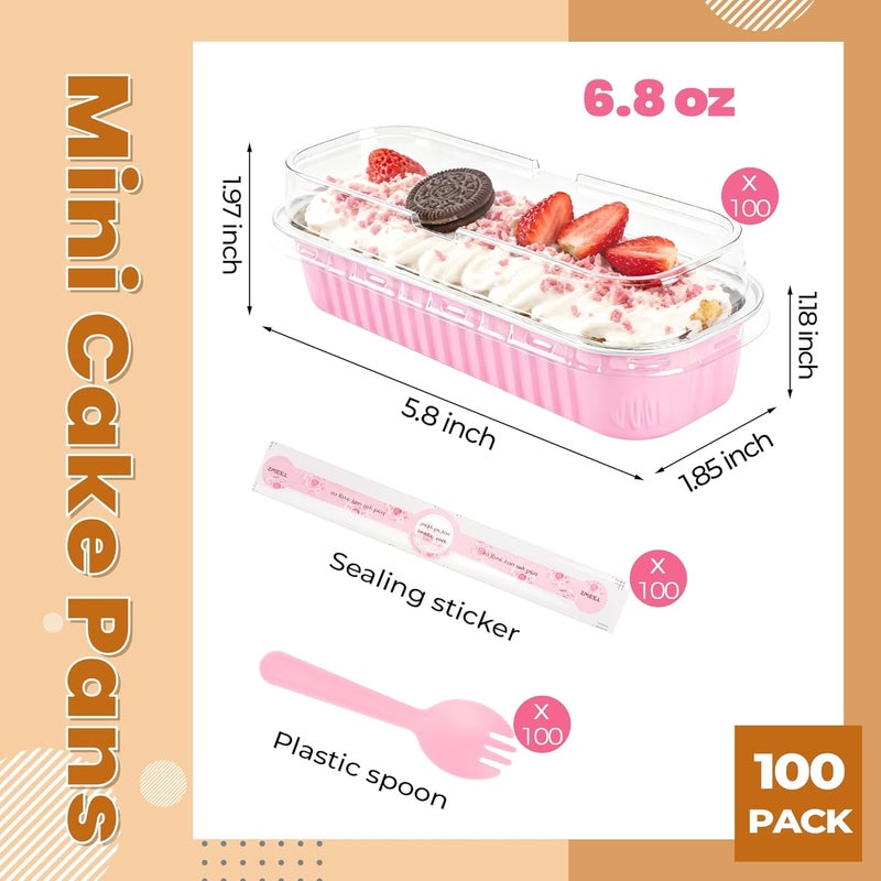 LOKQING 100 Pack Mini Loaf Pans with Lids Rectangle Individual Cake Pans Aluminum Foil Pans for Large Gatherings Picnics Vacations Parties(Pink, 6.8 OZ) - Image 3