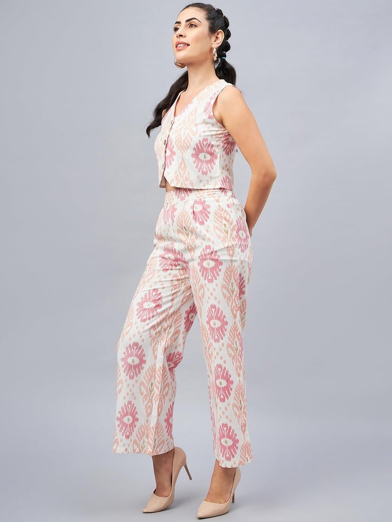WineRed Cotton Woman Geometric Print Waistcoat & Pant Co-Ord Set White, Small - Image 3