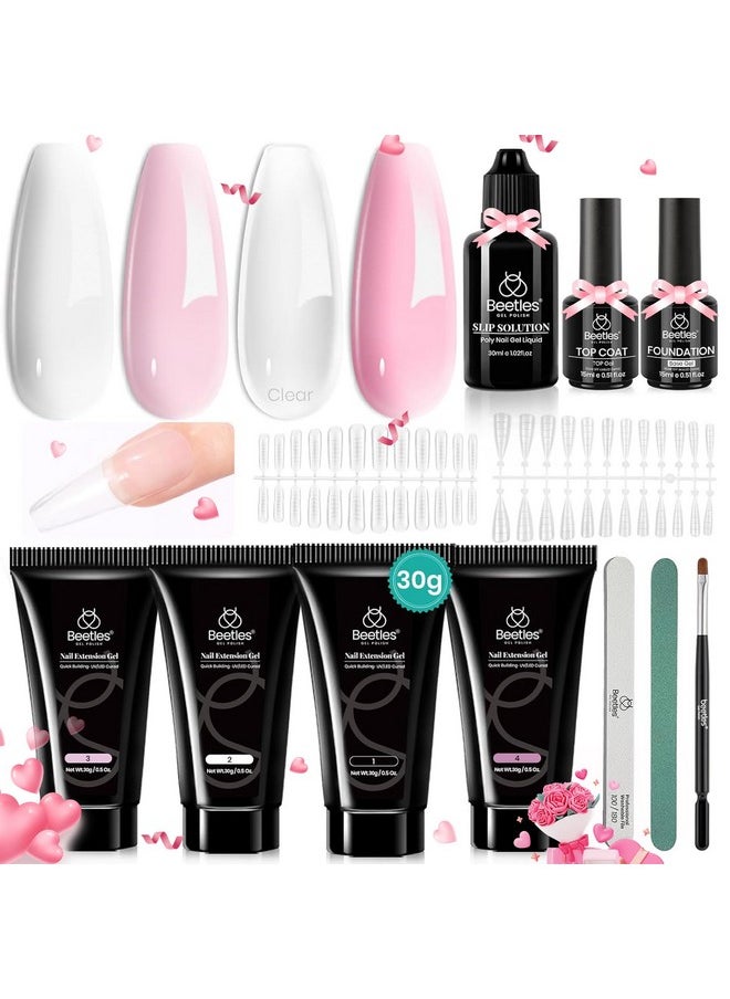 beetles Gel Polish Beetles Poly Nail Extension Gel Kit, 4 Colors Pink White Poly Nail Gel Builder Sheer Pink Nail Gel Clear Nail Art Kit with Poly Brush & Slip Solution Nail Salon All In 1 Kit Valentine's Gift for Women  - Image 1