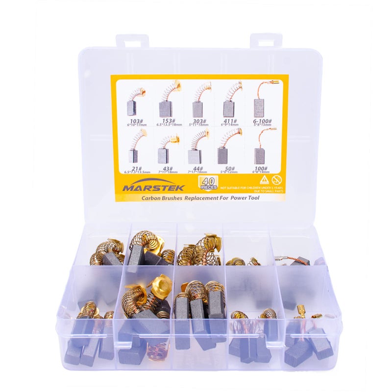 40 Pcs Electric Motor Carbon Brushes Set 10 Assorted Sizes Carbon Brushes Replacement Kit for Angle Grinders Electric Hammer Drills Circular Saws