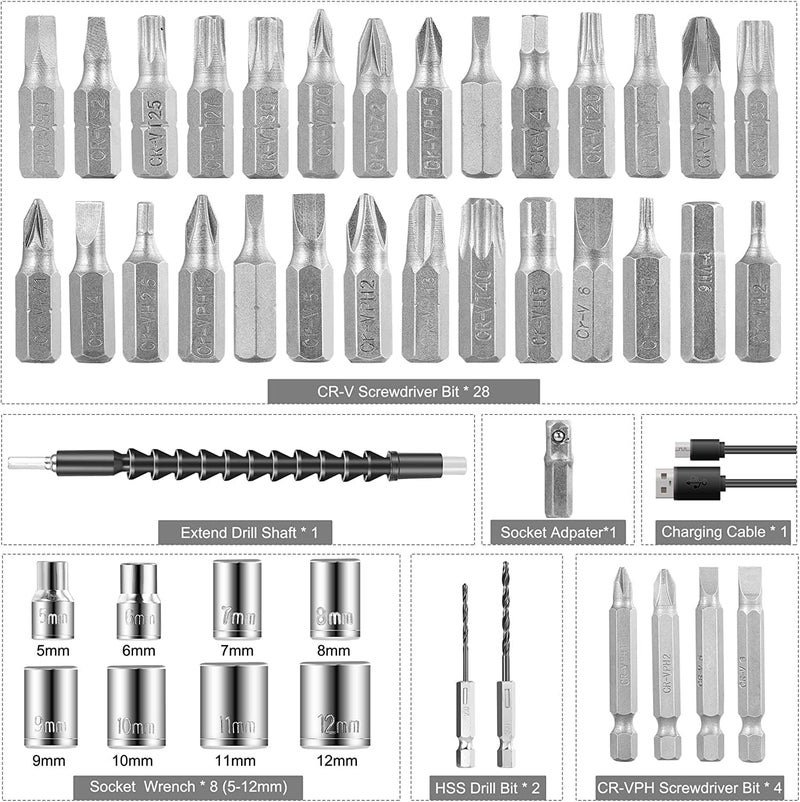 مجموعة مفكات براغي لاسلكية، 47 في 1، 4.2 فولت USB قابلة لإعادة الشحن والدوران، مثقاب براغي كهربائي لاسلكي مع مصباح ليد مدمج، 1800 مللي أمبير/ساعة - Image 2