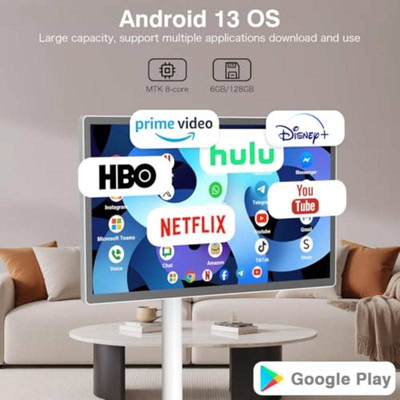 24 Inch Rolling Smart TV with 1080P Touch Screen Android 13 OS MTK 8-core CPU 6G+128G Storage Built-in 13MP Camera Remote Voice Control Full Rotation Portable TV on Wheels - Image 2