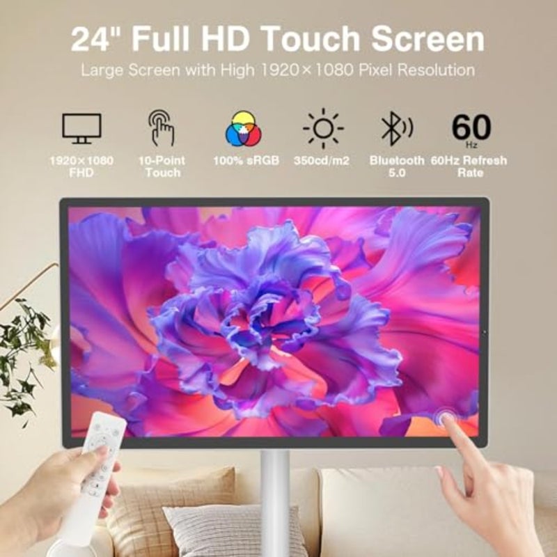 24 Inch Rolling Smart TV with 1080P Touch Screen Android 13 OS MTK 8-core CPU 6G+128G Storage Built-in 13MP Camera Remote Voice Control Full Rotation Portable TV on Wheels - Image 3