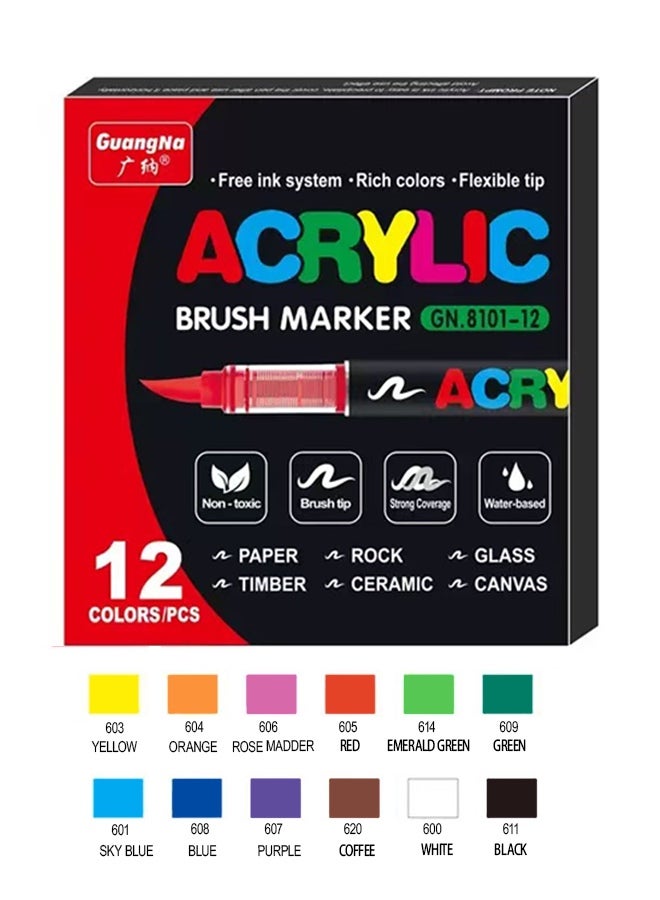 GuangNa12 Colors Acrylic Paint Marker Set – Soft Tip, Odorless, Stackable, Smooth Flow Drawing Pens for Students & Artists - Image 1