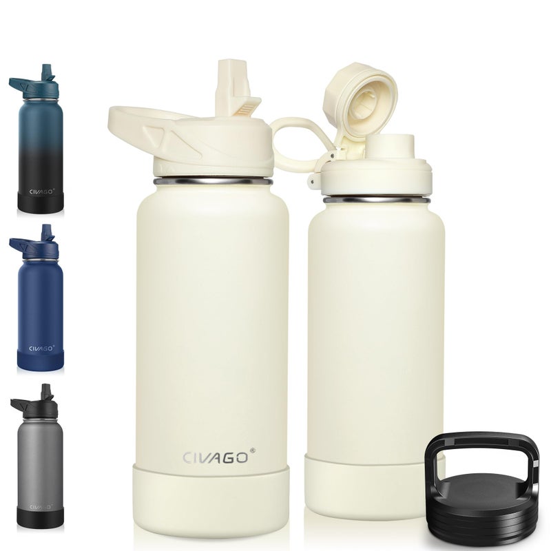 CIVAGO 32 oz Insulated Water Bottle With Straw Stainless Steel Sports Water Flask Cup with 3 Lids Straw Portable Spout and Handle Lid Double Walled Travel Thermal Canteen Mug Cream