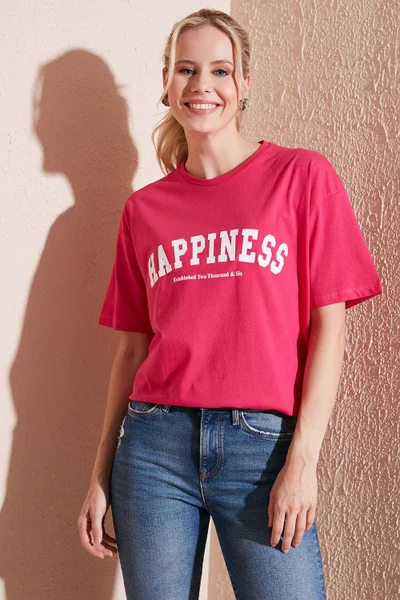 Lela Printed Cotton Oversize Crew Neck T Shirt Women's T Shirt 541HAPPINESS